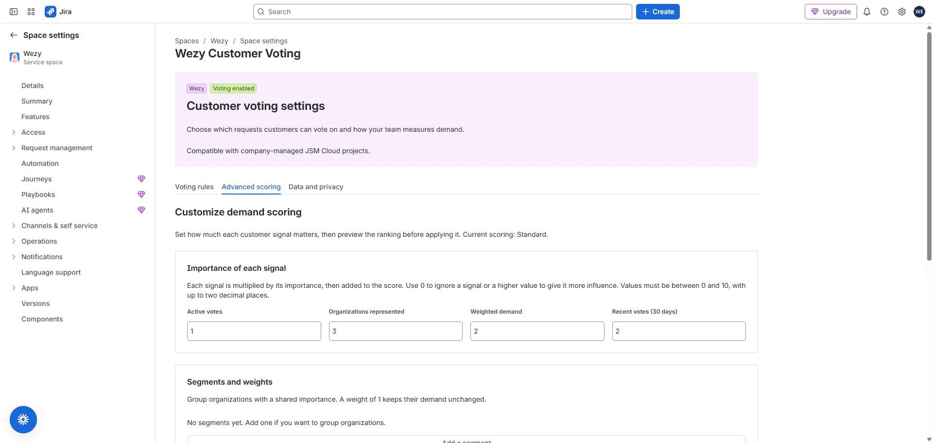 Advanced scoring shows the importance of active votes, represented organizations, weighted demand and recent votes. The displayed 1/3/2/2 settings coexist with current Standard scoring.