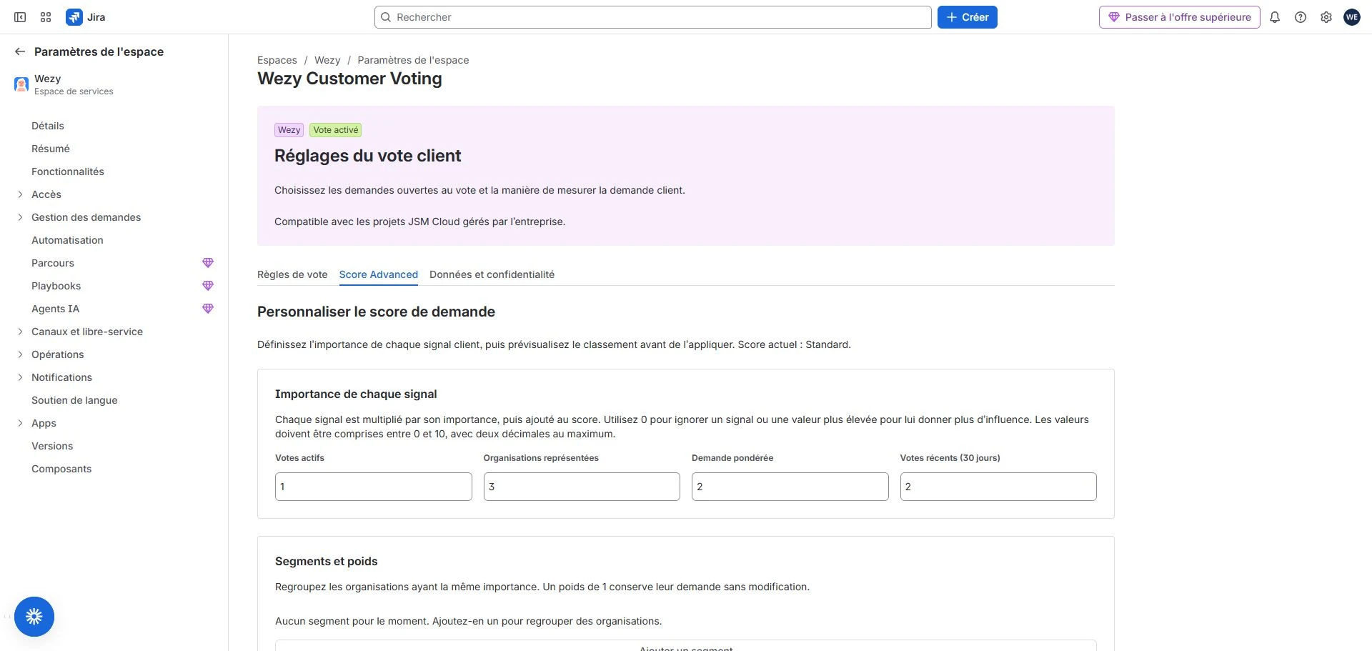 Score Advanced présente les votes actifs, organisations représentées, demande pondérée et votes récents. Les importances affichées 1/3/2/2 coexistent avec le score actuel Standard.