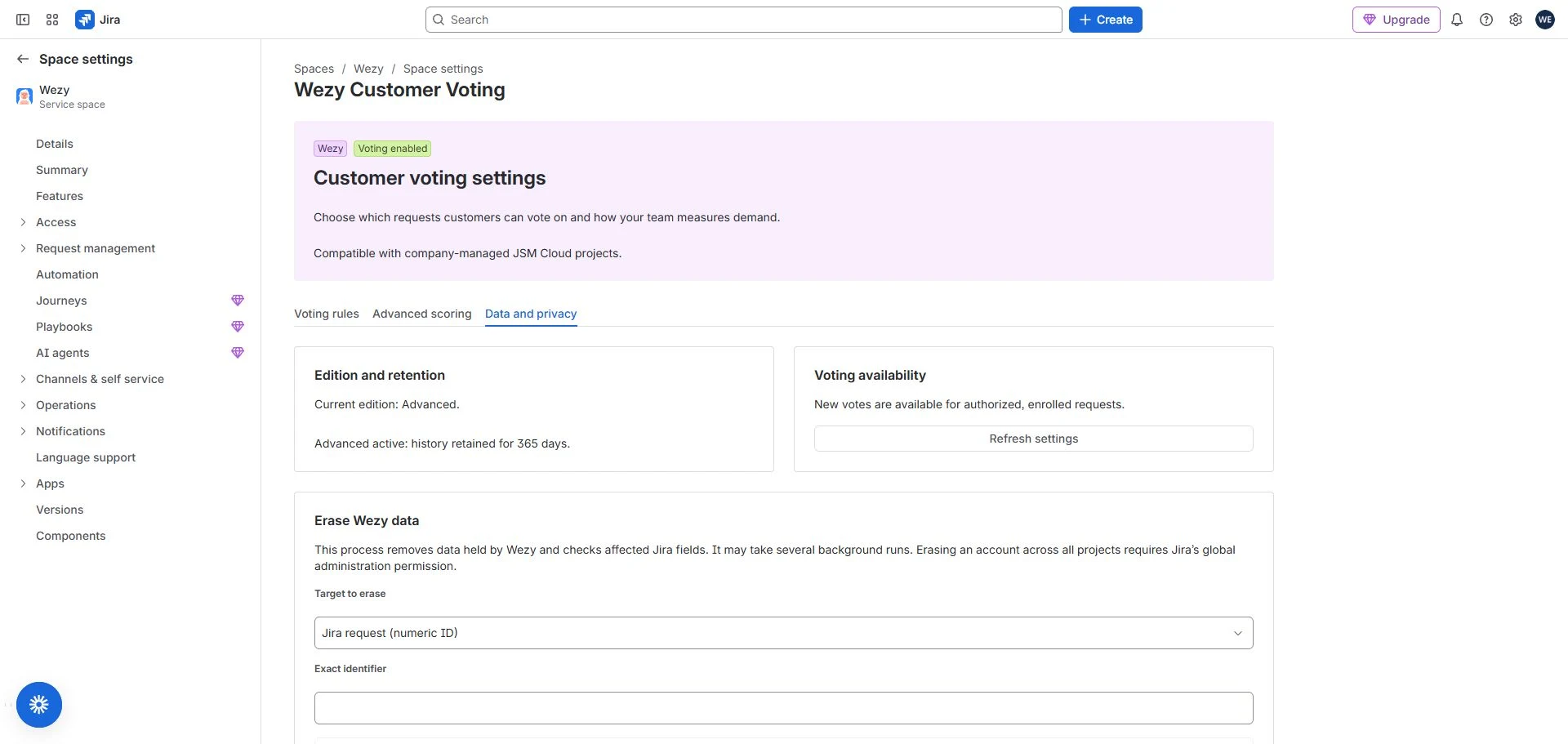 Data and privacy contains edition, retention, voting availability and Erase Wezy data. Select a permitted target and enter its exact identifier before reviewing it.