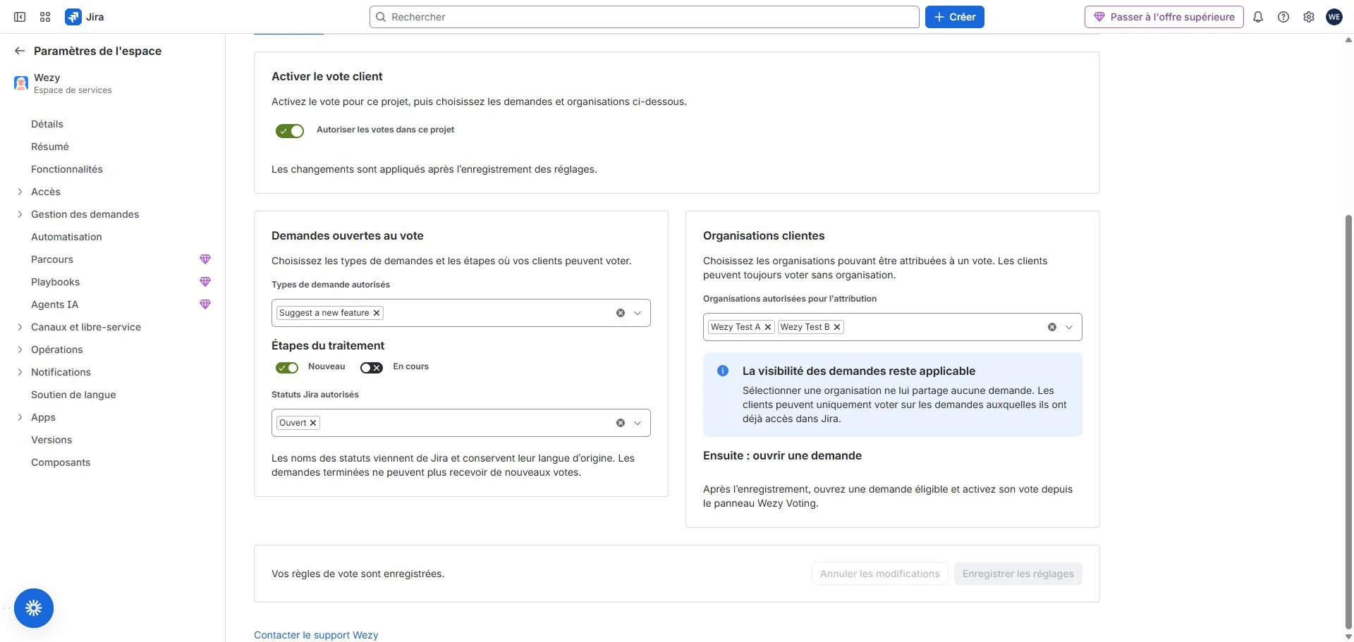 Enable voting, select request types, turn on New or In progress, choose exact Jira statuses and organizations, then save. The switches do not save automatically.