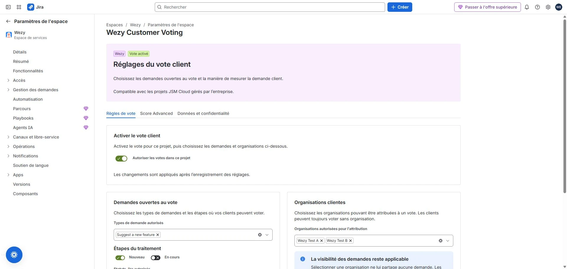 Règles de vote définit les demandes admissibles, Score Advanced règle l’importance des signaux, et Données et confidentialité rassemble conservation, disponibilité et effacement.