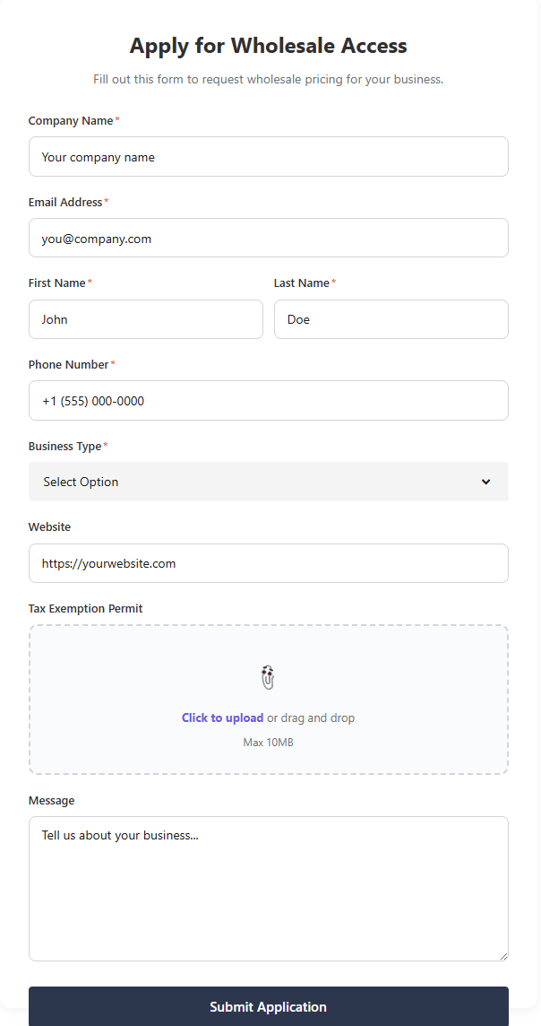 Wholesale Application Form showing fields for Company Name, Email Address, First Name, Last Name, Phone Number, Business Type dropdown, Website, Tax Exemption Permit upload, and Message
